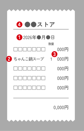 購入日、商品名、購入個数、販売店名が確認できるレシート例