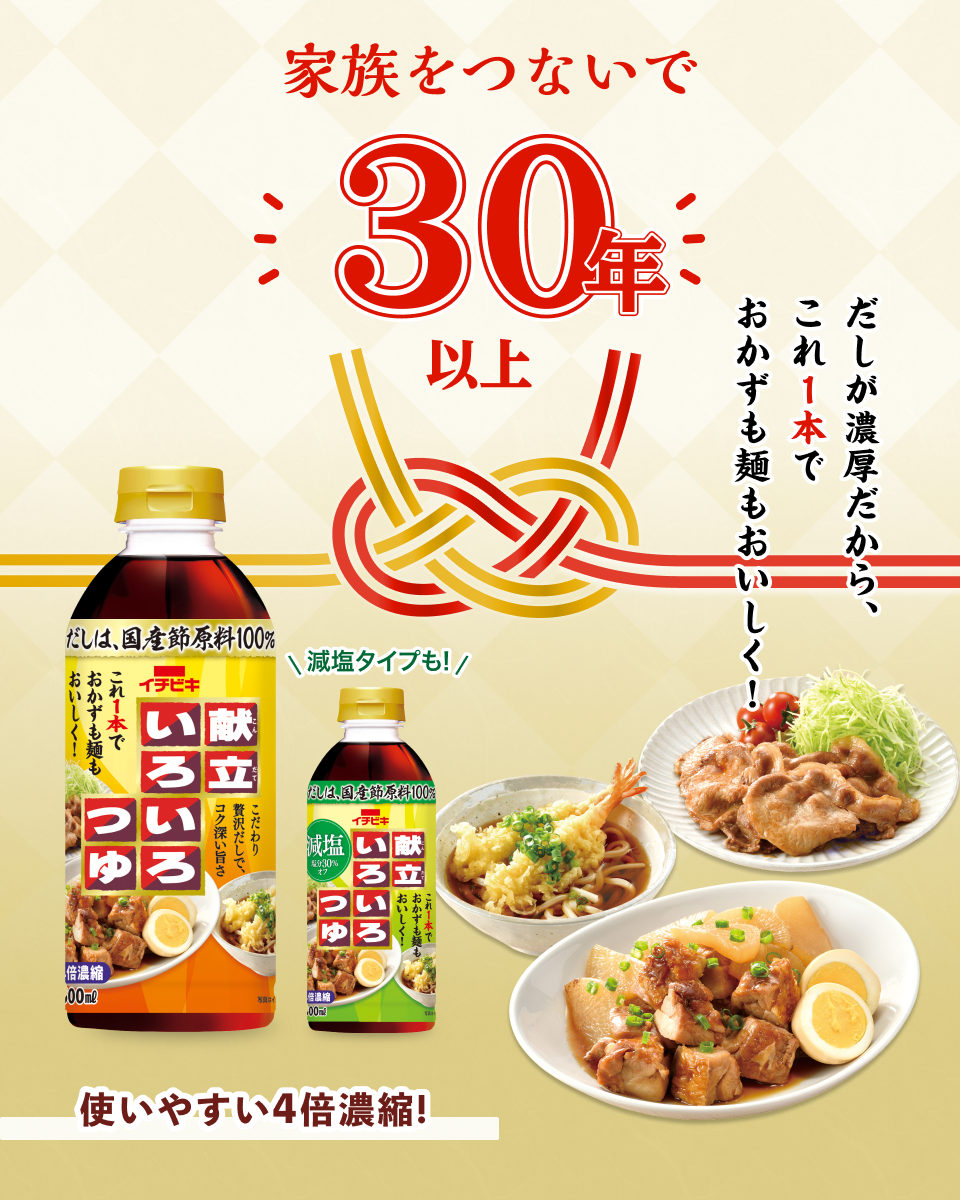 献立いろいろつゆ／家族をつないで30年 さらに美味しくリニューアル！／だしが濃厚だから、これ1本でおかずも麺も美味しく！