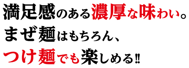 満足感のある濃厚な味わい。まぜ麺はもちろん、つけ麺でも楽しめる!!