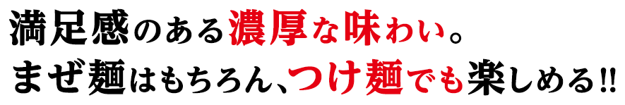 満足感のある濃厚な味わい。まぜ麺はもちろん、つけ麺でも楽しめる!!