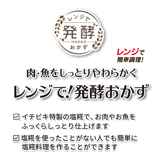 お肉を入れてチン！レンジでお肉をやわらかく／簡単！発酵おかず／イチビキ特製の塩糀で、お肉やお魚をふっくらしっとり仕上げます／塩糀を使ったことがない人でも簡単に塩糀料理を作ることができます